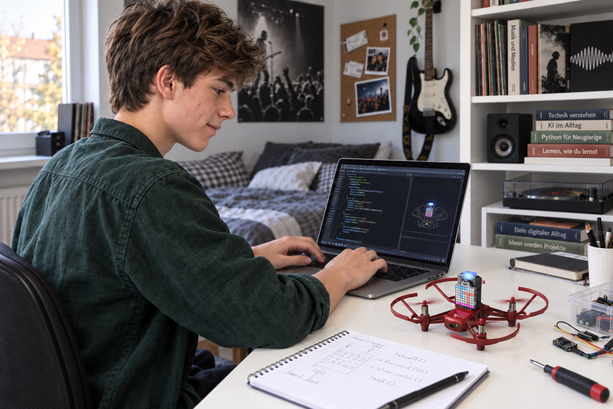 Jugendlicher programmiert eine Tello TT Drohne am Laptop