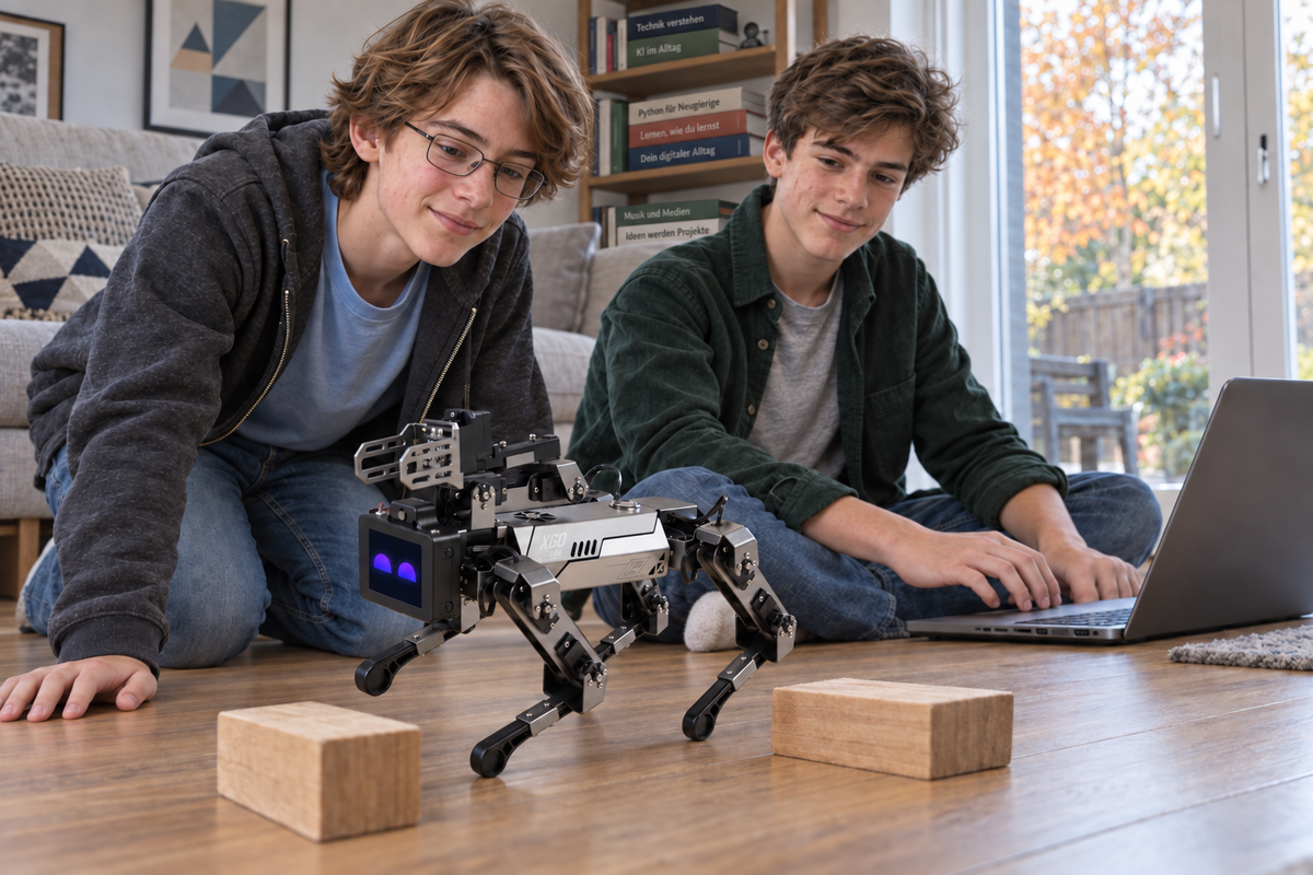 Zwei Jugendliche testen den ELECFREAKS XGO Roboterhund
