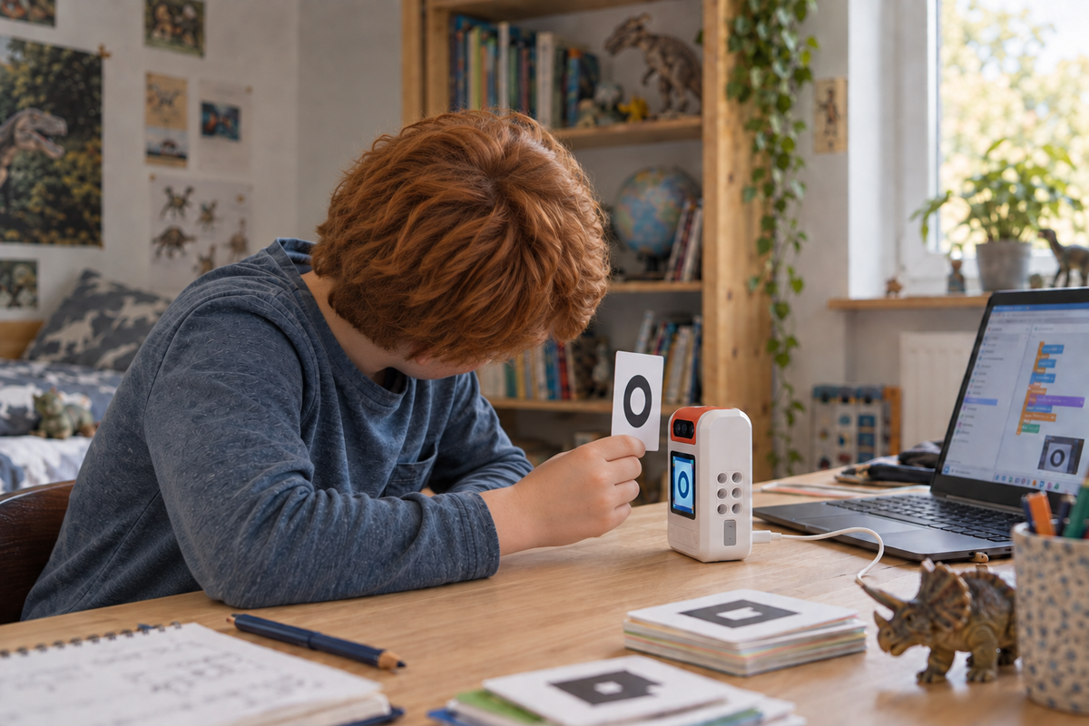 Kind hält eine Erkennungskarte am AI-Vision-Sensor