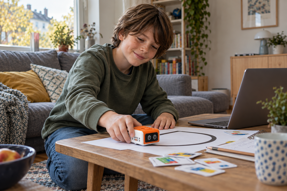 Kind entdeckt Programmieren mit dem VinciBot zu Hause