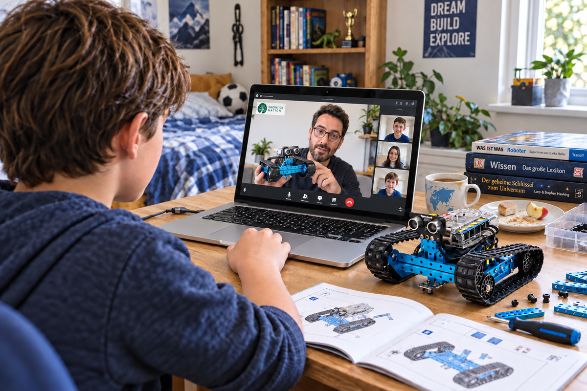 Kind im Online-Robotikkurs mit Laptop und einem echten Roboter zum Bauen und Programmieren zu Hause