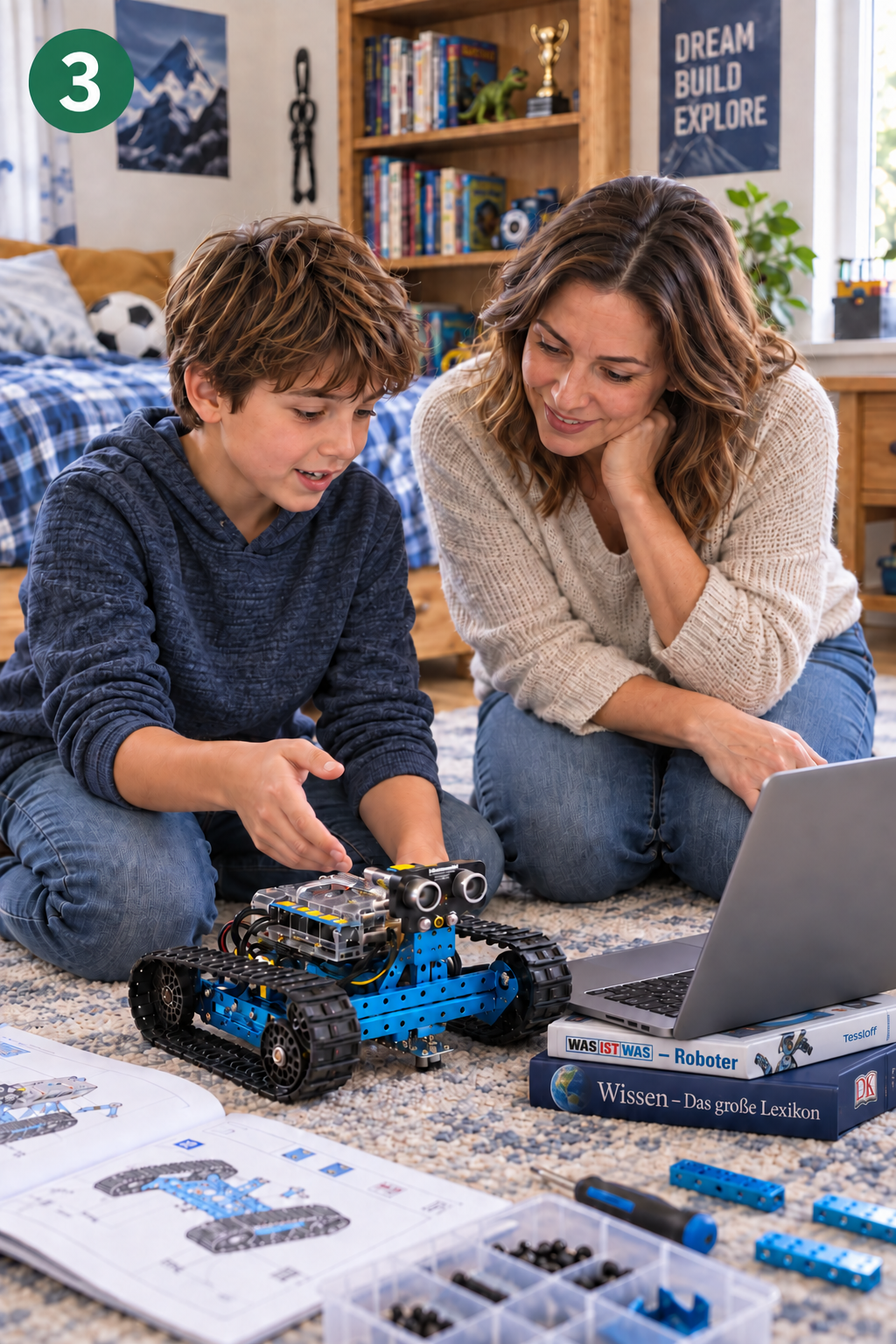 Schritt 3: Junge und Mutter lernen gemeinsam mit einem Robotik-Set und Laptop zu Hause
