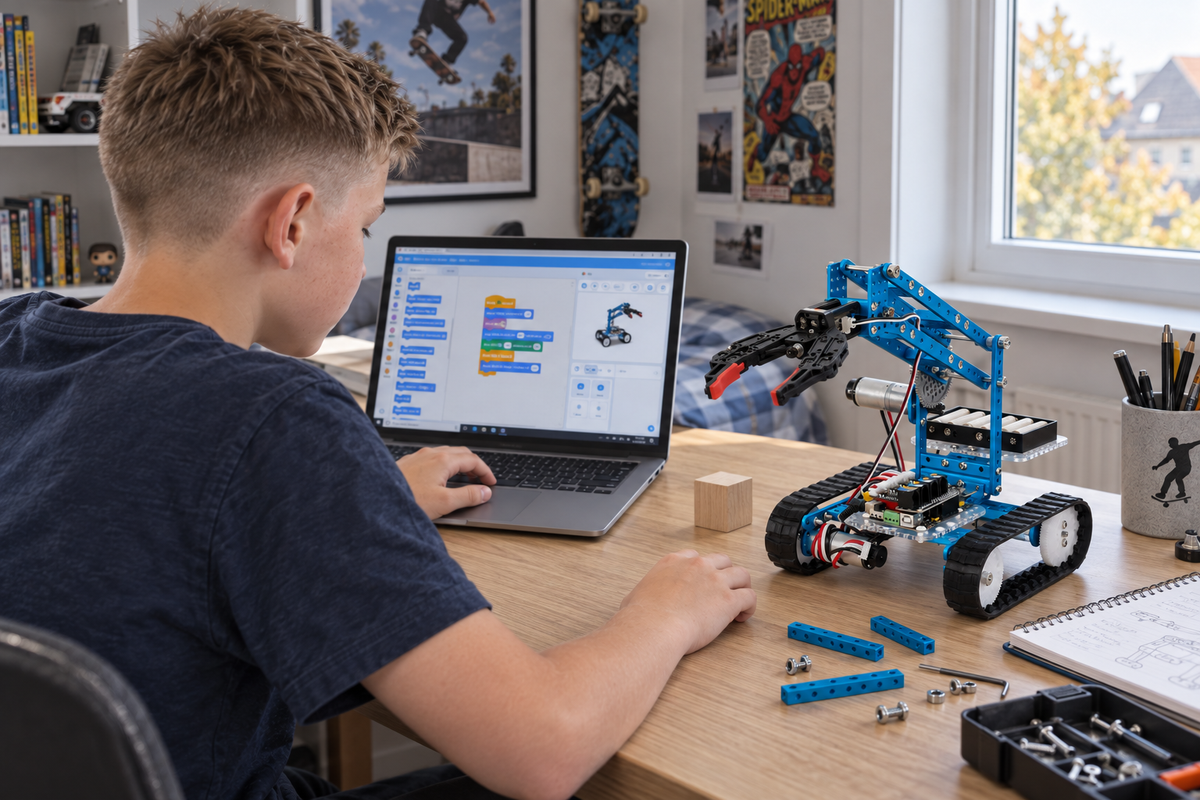 Junge programmiert den Makeblock mBot Ultimate am Laptop