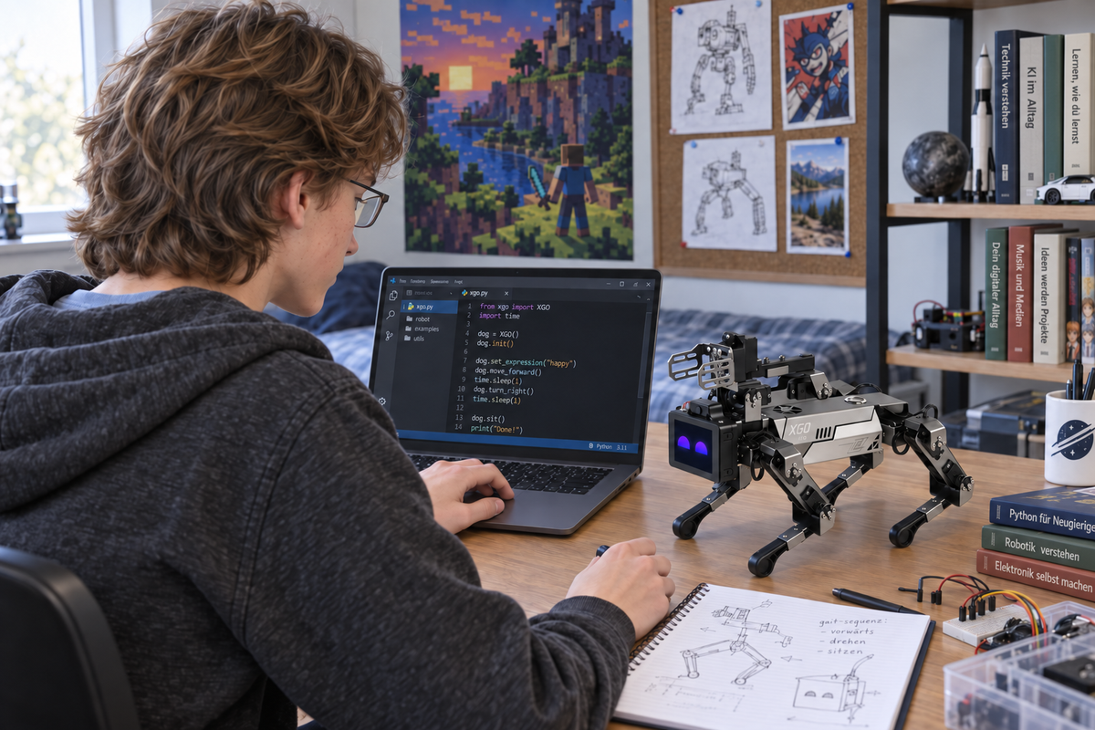 Jugendlicher programmiert den ELECFREAKS XGO Roboterhund