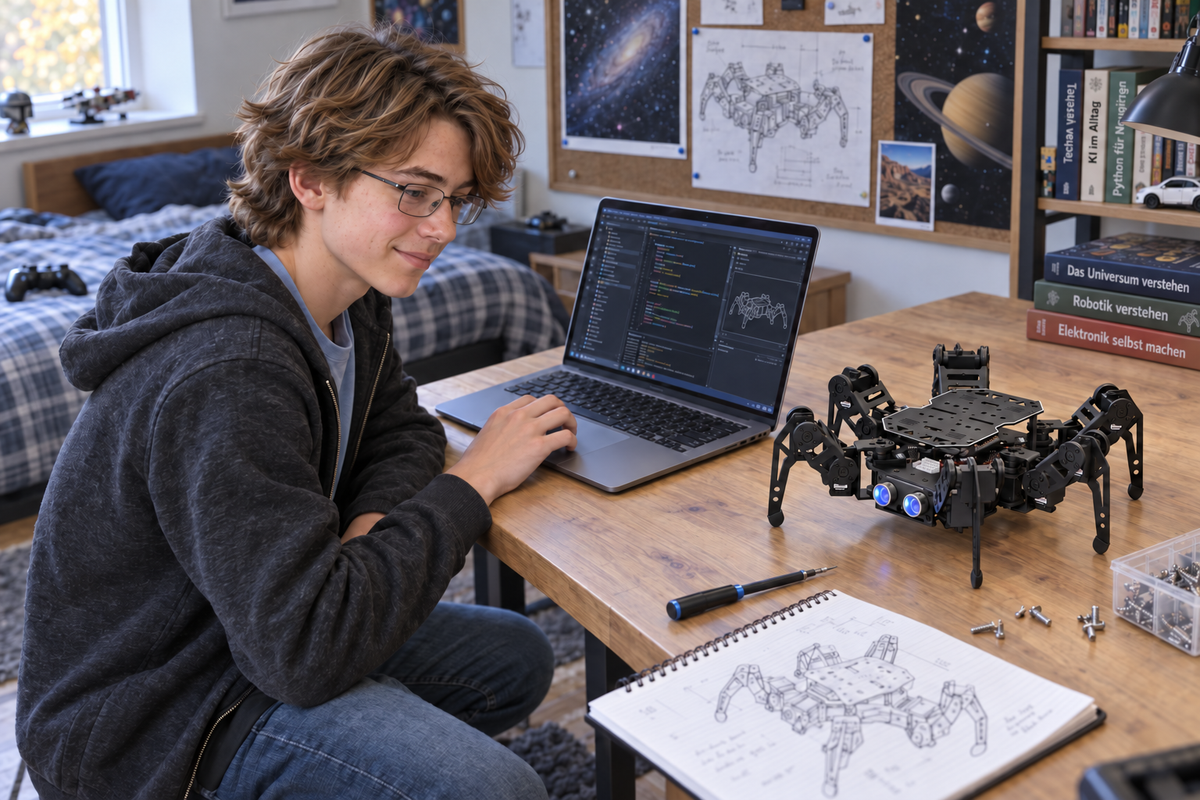 Jugendlicher programmiert den Hiwonder miniHexa