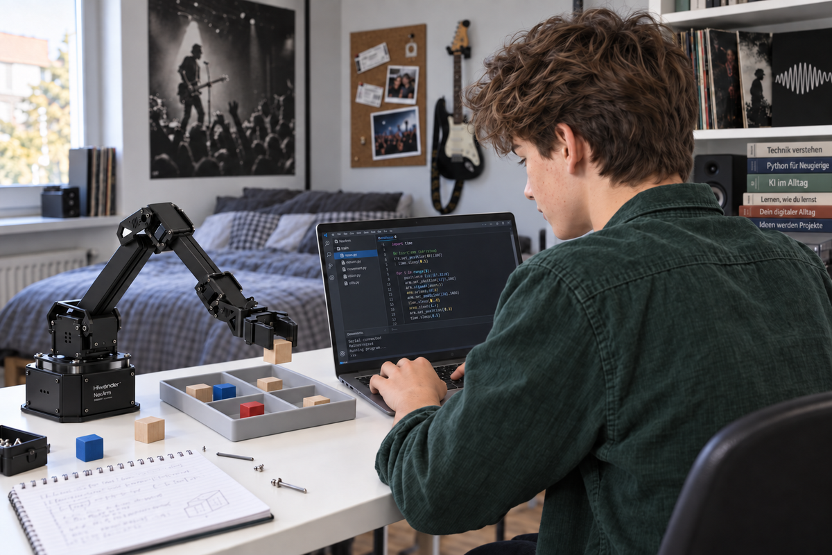 Jugendlicher programmiert den Hiwonder NexArm
