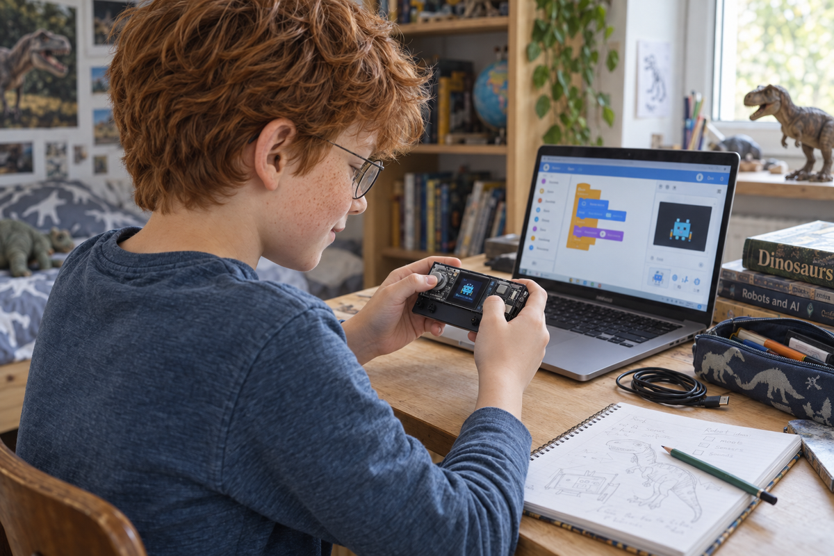Kind programmiert mit CyberPi und Laptop