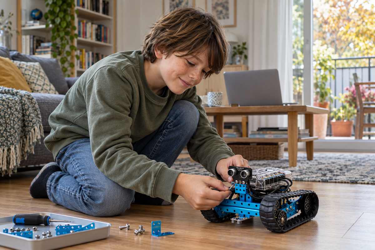 Kind baut und experimentiert mit dem Makeblock mBot Ranger