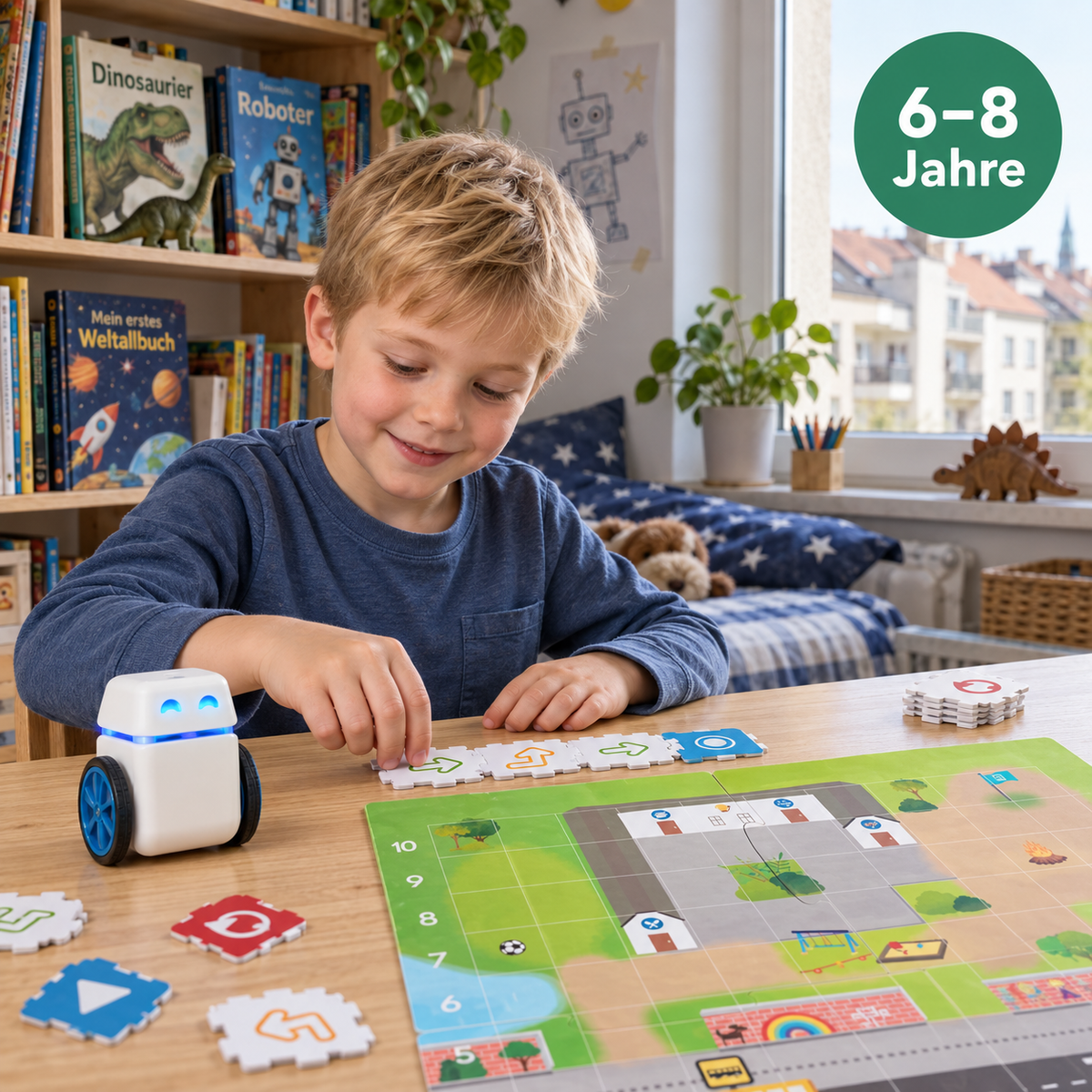 Blonder Junge entdeckt Coding mit KUBO und TagTiles zu Hause – Kurse für 6–8 Jahre