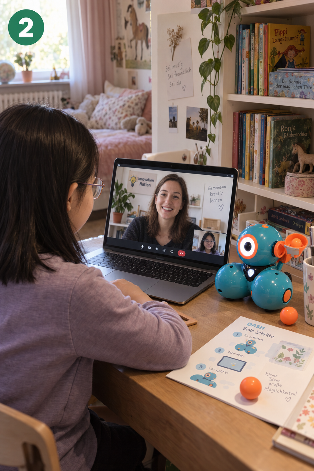 Schritt 2: Mädchen beim persönlichen Online-Onboarding mit einer Lehrerin und Dash-Roboter.
