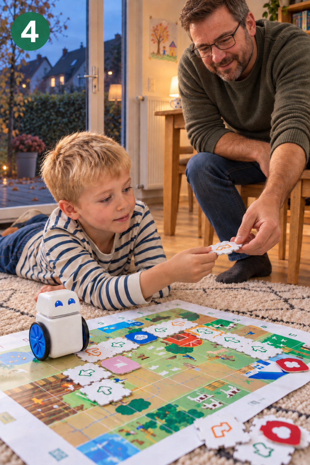Schritt 4: Vater und Sohn entdecken gemeinsam Coding mit KUBO und TagTiles zu Hause.